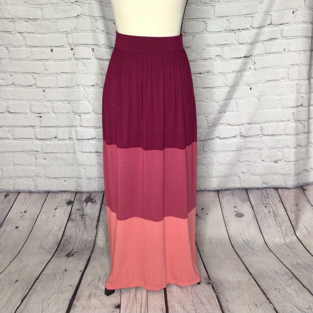 LOFT Factory Jersey Knit Color Block Maxi Skirt Maroon Mauve Pink XS NWT